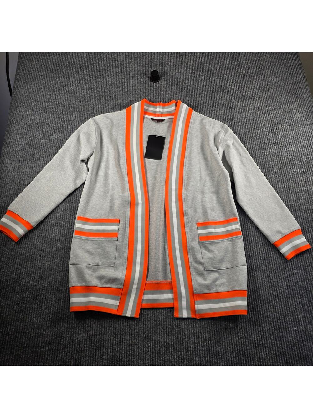 Haute Shore Cardigan Gray‎ Neon Orange Stripe Open Front Sweater O/S NWT